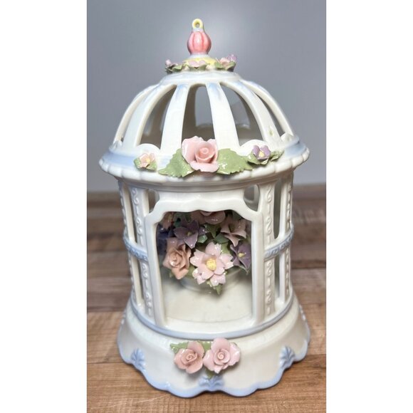 Porcelain Birdcage Music Box With Hand-Painted Floral Details & Intricate Design - Picture 1 of 6